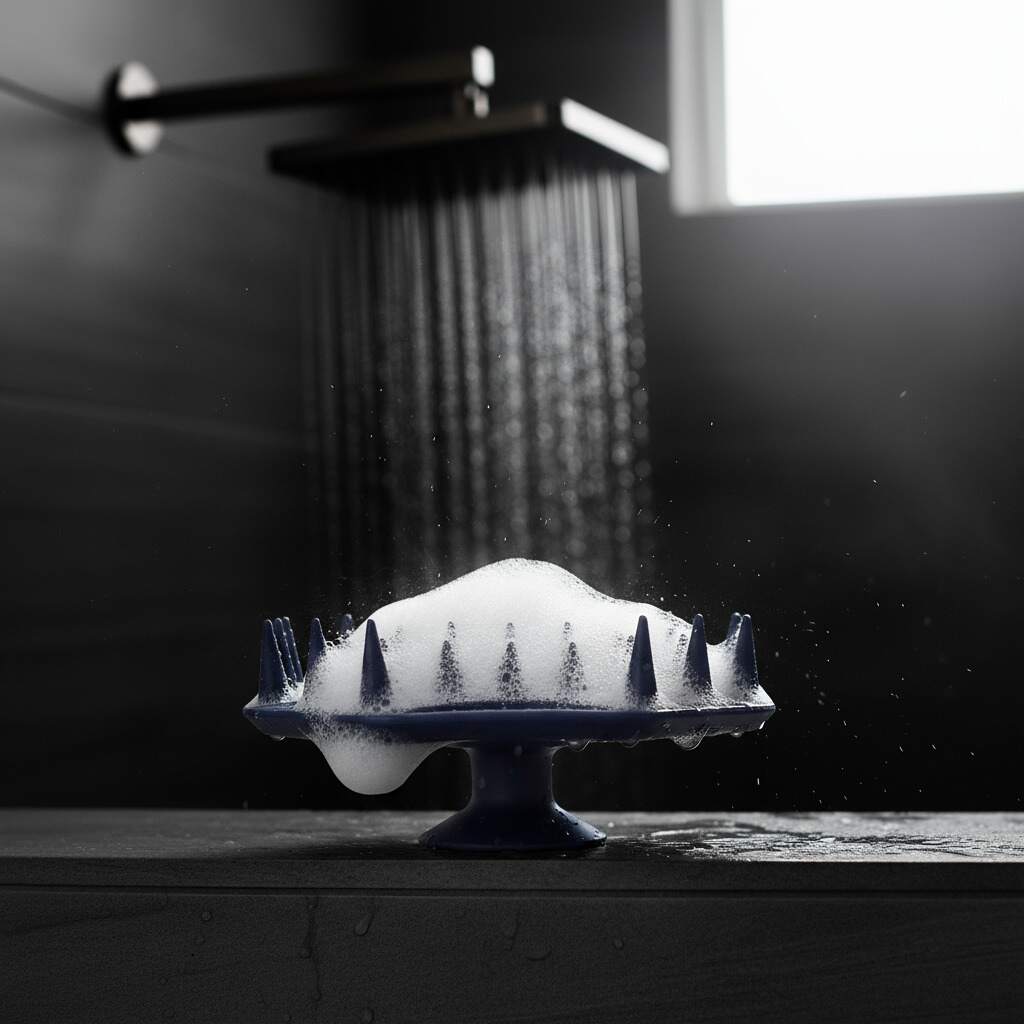 ScrubMeScalp Breathtaking Blue scalp scrubber covered in foam on a shower ledge with rainfall shower running in a dark bathroom