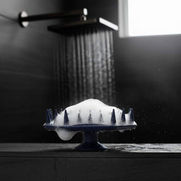 ScrubMeScalp Breathtaking Blue scalp scrubber covered in foam on a shower ledge with rainfall shower running in a dark bathroom