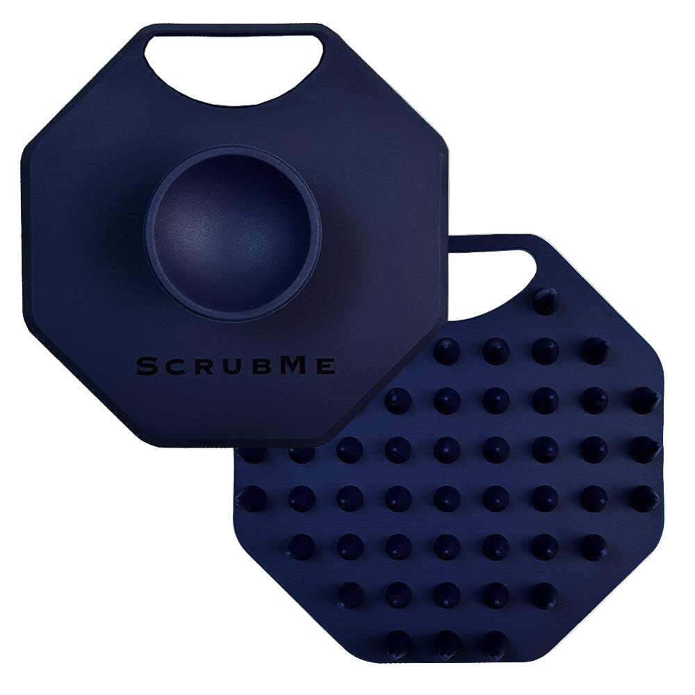 ScrubMeScalp Breathtaking Blue massaging scalp scrubber shown front and back on a white background