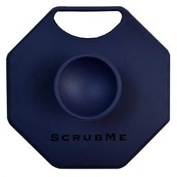 Front view of the ScrubMeScalp Breathtaking Blue scalp scrubber showing the handle and central suction-cup grip with ScrubMe logo