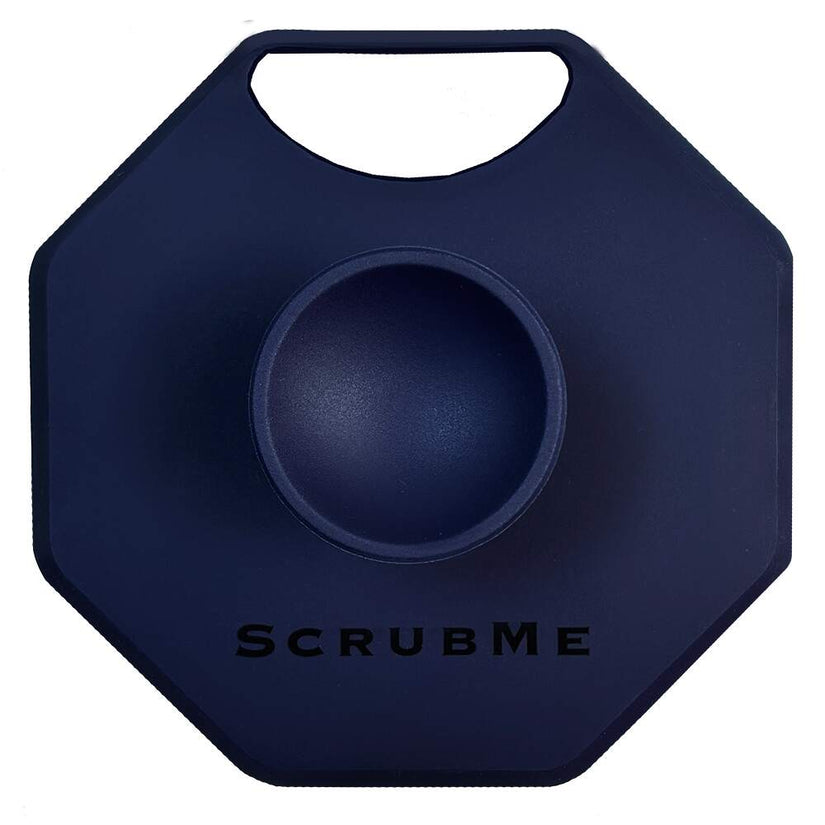 Front view of the ScrubMeScalp Breathtaking Blue scalp scrubber showing the handle and central suction-cup grip with ScrubMe logo