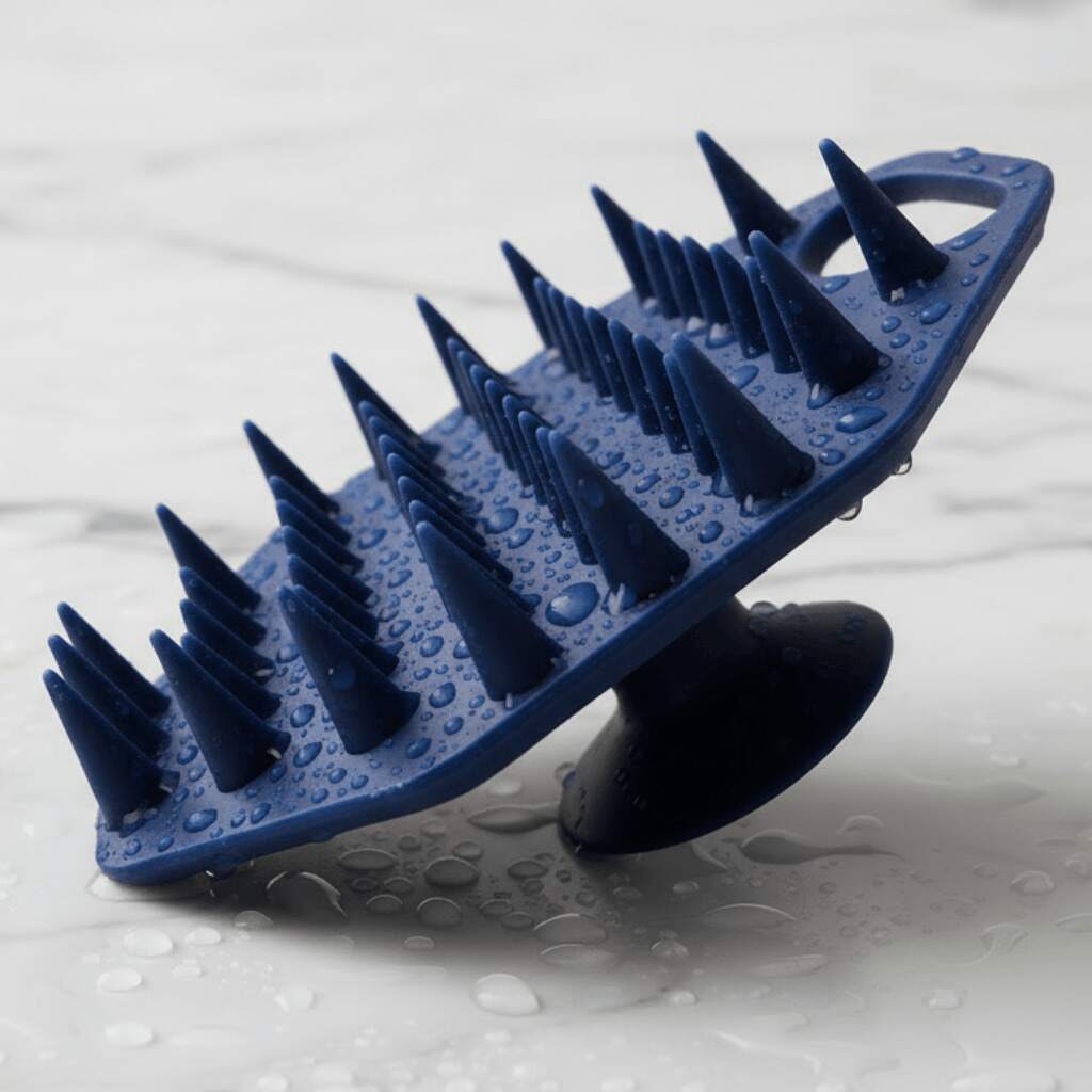Hero Image ScrubMeScalp Breathtaking Blue silicone scalp scrubber balanced on its suction base with water droplets on the bristles on a wet marble surface