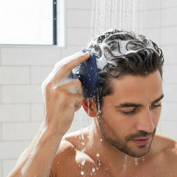 Man using the ScrubMeScalp Breathtaking Blue scalp scrubber to shampoo and massage his hair in the shower