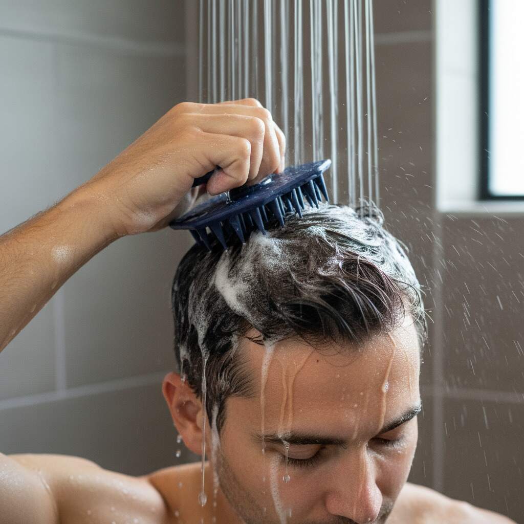 Man massaging his scalp with the ScrubMeScalp Breathtaking Blue silicone scalp scrubber under a running shower