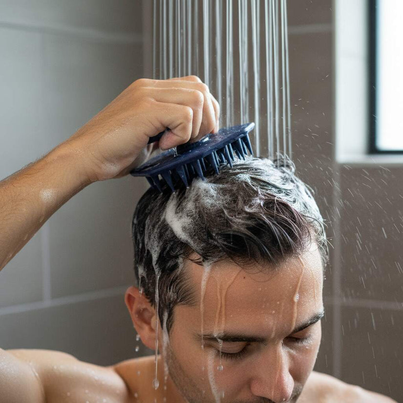 Man massaging his scalp with the ScrubMeScalp Breathtaking Blue silicone scalp scrubber under a running shower