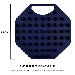 ScrubMeScalp Breathtaking Blue scalp scrubber on white background with size guide showing 11 cm by 11 cm by 5 cm dimensions