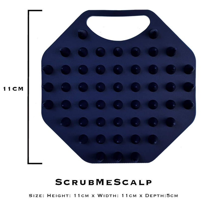 ScrubMeScalp Breathtaking Blue scalp scrubber on white background with size guide showing 11 cm by 11 cm by 5 cm dimensions