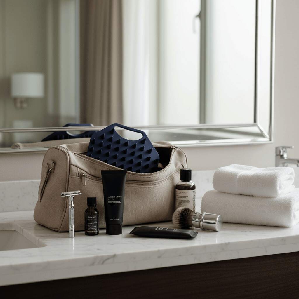 ScrubMeScalp Breathtaking Blue scalp scrubber in a beige wash bag next to men s grooming products and white towels on a bathroom sink