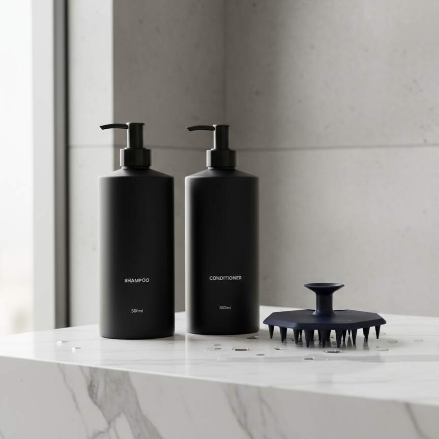 ScrubMeScalp Breathtaking Blue scalp scrubber standing on a bathroom ledge next to matte black shampoo and conditioner bottles
