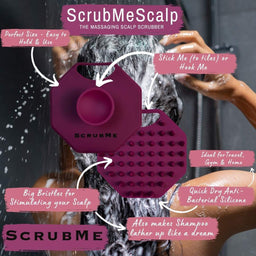 ScrubMeScalp Passionate Purple massaging scalp scrubber graphic showing product front and back with shower background and text highlighting size, big bristles, quick-dry antibacterial silicone and travel-friendly benefits