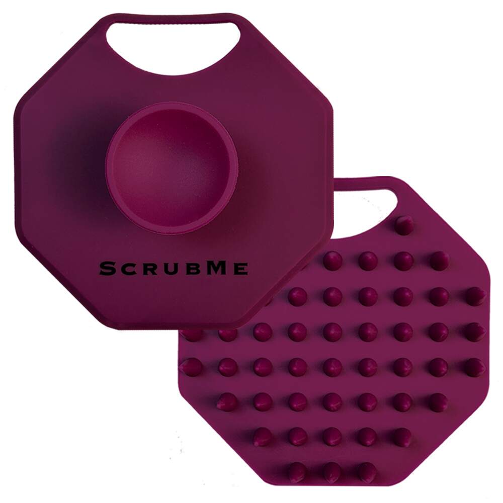 ScrubMeScalp Passionate Purple massaging scalp scrubber shown front and back on a white background to display both sides of the design