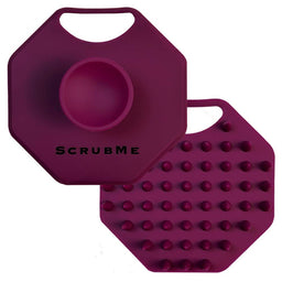 ScrubMeScalp Passionate Purple massaging scalp scrubber shown front and back on a white background to display both sides of the design