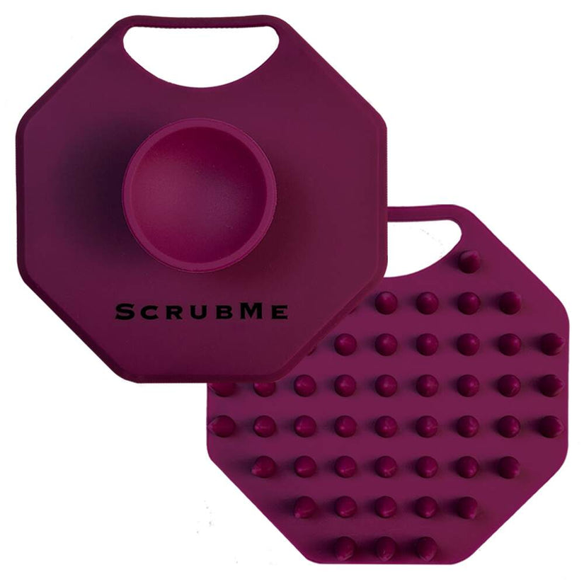 ScrubMeScalp Passionate Purple massaging scalp scrubber shown front and back on a white background to display both sides of the design