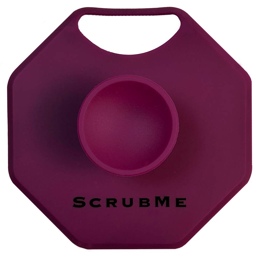 Front view of the ScrubMeScalp Passionate Purple silicone scalp scrubber showing the handle, suction-cup grip and ScrubMe logo on a white background