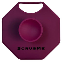 Front view of the ScrubMeScalp Passionate Purple silicone scalp scrubber showing the handle, suction-cup grip and ScrubMe logo on a white background