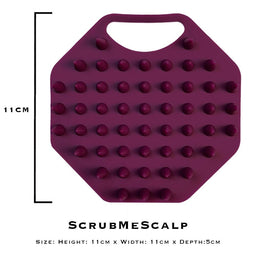 ScrubMeScalp Passionate Purple scalp scrubber on white background with size guide text showing 11 cm height, width and 5 cm depth
