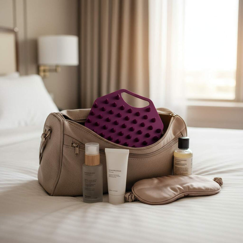 ScrubMeScalp Passionate Purple scalp scrubber in a beige wash bag on a hotel bed with skincare bottles and a silk sleep mask
