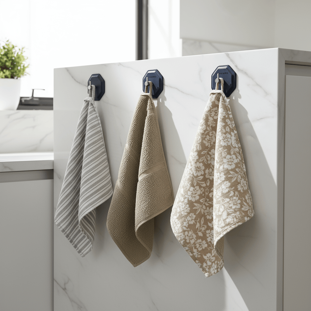 Three Breathtaking Blue HookMe hooks with tea towels hung by loops on kitchen panel