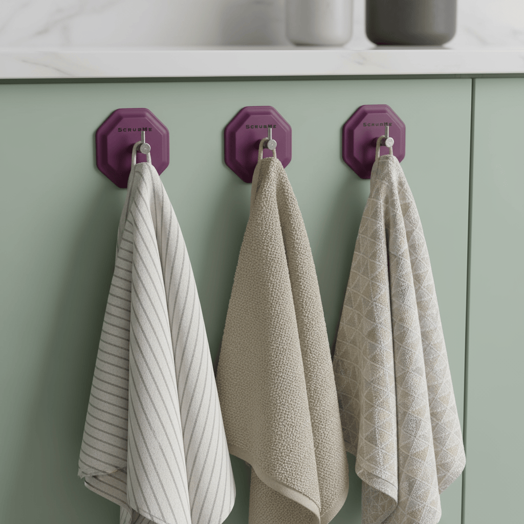 Three Passionate Purple HookMe hooks in horizontal row on sage green cabinet end panel